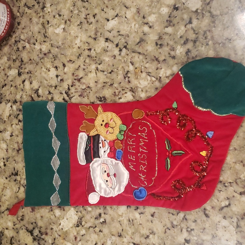 Christmas Stocking baby, kids red green with stain reindeer snowman